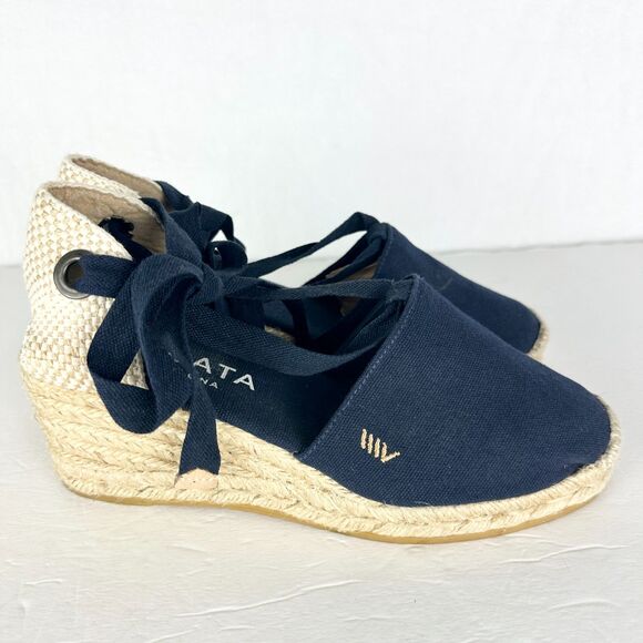 Viscata Escala Canvas Espadrille Wedges Size 39 US 8 Navy Blue Lace Up Handmade - Picture 4 of 10